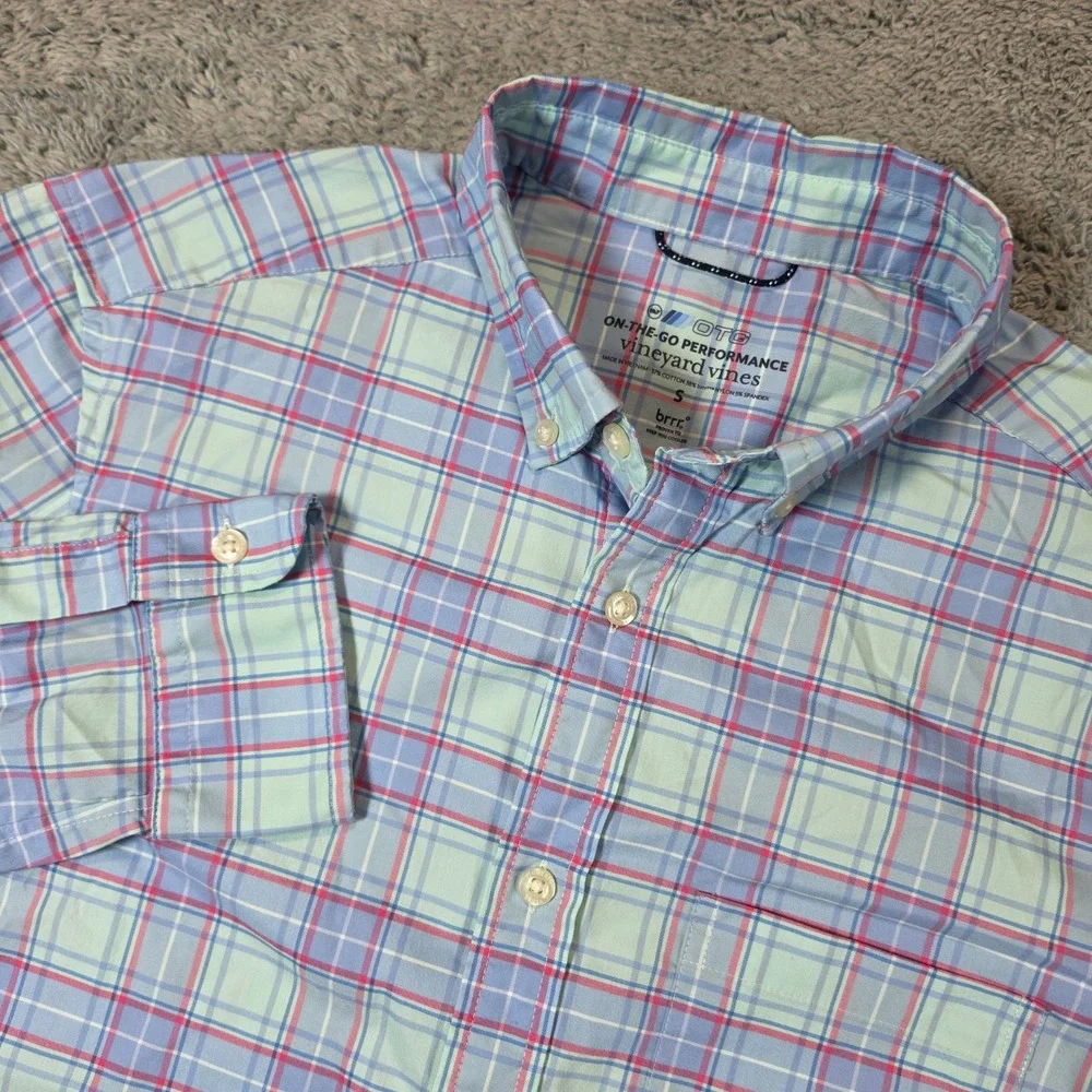 Vineyard Vines Performance Shirt Mens S Blue Plaid OTG brrr Cooling Button Down